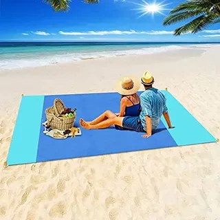 OUGEP Stranddecke Sandfrei, Picknickdecke Wasserdicht Überdimensioniert Strandtuch Strandmatte 4 Befestigung Ecken für den Strand, Wandern, Campen und Outdoor (200 x 210 cm (Blau)