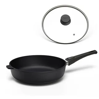 Hoffmann Germany Bratpfanne STONIQ PFAS-frei Ø 26 cm hoher Rand mit Deckel – Made in Germany, Aluguss (Set, 2-tlg., 1x Pfanne Ø 26 cm mit hohem Rand + 1x Deckel), abnehmbarer Griff, backofenfest bis 300°C, Induktion Schmorpfanne schwarz Ø 26 cm