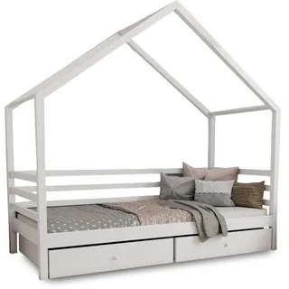 Deine Möbel 24 Hausbett Kinderbett Einzelbett COMET mit Schubladen Weiß Grau Kiefer (aus Vollholz Kiefernholz Stabil Schubkästen Matratze optional), 80x160 80x180 90x190 90x200 120x200 140x200 weiß