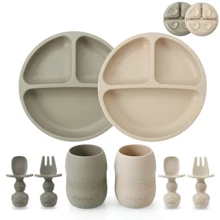 PandaEar Silikon Baby Geschirrset Kindergeschirr| 2 Kinder Baby Teller mit Saugnapf mit 2 Babylöffel 2 Gabeln und 2 Baby Becher Trinklernbecher ab 4 Monate| Esslernbesteck blw led Weaning Zubehör