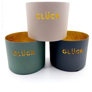 meytrade Windlicht Teelicht Glück Übertopf für Kerzen oder Pfanzen Glückslicht Deko (3er Set in sand, grün und grau matt innen vergoldet), Geschenkidee, Glücksbringer, Tischdeko, Hochzeitsfeier, Wohndeko beige|bunt