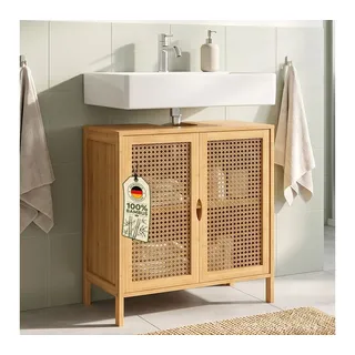 Bellamio Badregal Raba, Badschrank aus Bambus & Rattan, mit Flügeltüren, 48×29×60 cm, Waschbeckenunterschrank mit 2 Fächern & 2 Türen, robst und langlebig