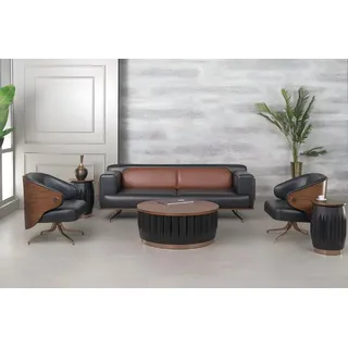 Xlmoebel Polstergarnitur Luxuriöses Schreibtisch-Set aus schwarzem Holz und Leder, (5 tlg.BÜRO SET (3+1+1 SITZER SOFA+COUCHTISCH+BEISTELLTISCH), Hergestellt in Europa schwarz