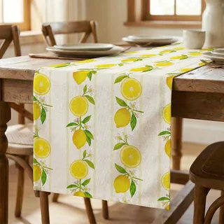 Luzzxfa Zitronen Tischläufer 40x140 cm - Frisches Zitronenmuster für Küche & Garten - Dekorativer Läufer für Frühling Sommer - Leinenmix