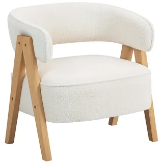 HOMCOM Sessel gepolsterter Loungesessel mit Armlehnen, Fleece-Optik, 63 cm Breiter Sitz, Gebogen Rückenlehne, Lesesessel Relaxsessel mit Holzbeine, für Schlafzimmer, Wohnzimmer, Weiß
