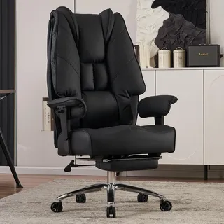 EXCEBET Chefsessel Bürostuhl XXL Ergonomisch 200kg, Schreibtischstuhl mit Fußstütze und 14cm Taschenfederkern, Hochlehner aus Kratzfestem PU Leder, Drehstuhl mit Höhenverstellbaren Armlehnen (Schwarz)