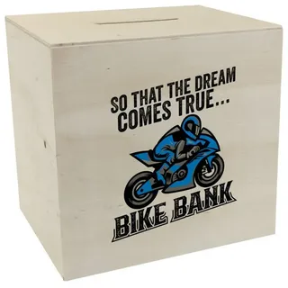 speecheese Spardose Bike Bank Spardose aus Holz mit Spruch und Motorrad in blau