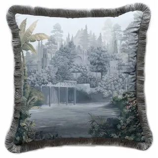 Casa Padrino Luxus Deko Kissen antike Landschaft Mehrfarbig / Grau 45 x 45 cm - Bedrucktes Samt Kissen mit Fransen - Luxus Deko Accessoires