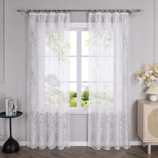 HeichkelL Gardinenschal 1 Stück Ausbrenner Gardine Fensterschal mit Rosen Transparenter Vorhang Weiß mit Kräuselband BxH 140x145 cm