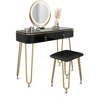 Vicco Schminktisch Grace Schwarz, 100 cm mit LED Beleuchtung und Hocker 100x126 modern Schlafzimmer Kommode Schublade Ablage Aufbewahrung Kosmetiktisch Schminkkonsole Make-Up-Tisch