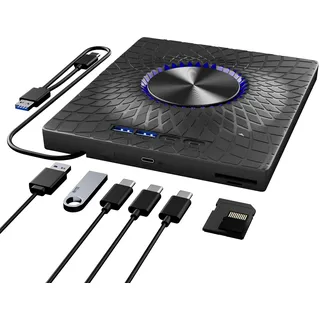 External Blu-ray Drive,7-in-1 Bluray/DVD/CD Burner with RGB Ambient Light,100G Disc R/W, USB 3.0/Type-C Hub for Windows/Mac/Linux