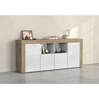 Sideboard OTTO HOME "CHRONOS Breite 200 cm mit 4 Türen, 2 offene und 8 geschlossene Fächer", weiß (weiß hochglanz, eiche wotan), B:200cm H:85cm T:40cm, Sideboards, Sideboard, Sideboard,Kommode, Schrank, Grifflos mit Push to Open, Made in Italy