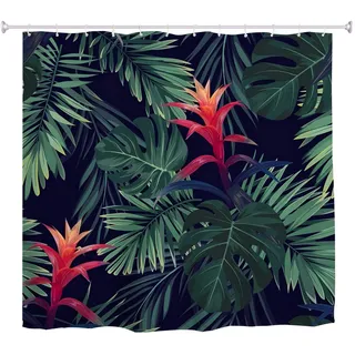 A.Monamour Duschvorhänge Exotische Tropische Monstera Palm Verlässt Florales Muster Abstrakt Dunkelgrüner Hintergrund Wasserdichtes Mehltauresistentes Stoff Bad Vorhang Duschvorhang 180X200 cm