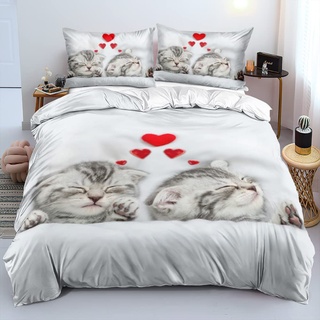 Gezu Bettwäsche 155x220cm Katze Katzenmotiv Grau Weiß Herzen Rot Wende Bettwäsche Set 3D Effekt Druck Microfaser Bettbezug und 2 Kissenbezüge 80x80cm mit Reißverschluss