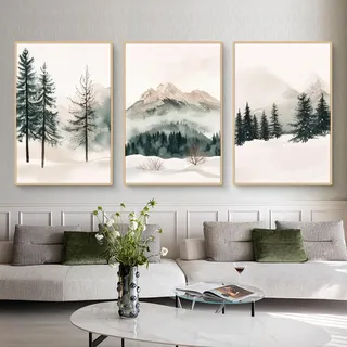 Ueiwffzo 3er Poster Set, Wanddeko Wohnzimmer, Winter Pflanzen Schneeberge Wandbilder ohne Rahmen, Premium Leinwandbilder Stilvolle Wanddeko für Wohnzimmer Schlafzimmer Weihnachten (40 x 50 cm)