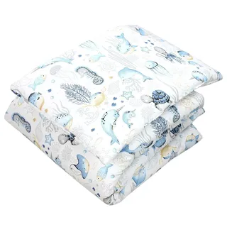 TupTam Kinder Gemusterte Bettdecken Set Ganzjahresdecke Bettdecke Kopfkissen Flachkissen 2tlg., Farbe: Meerestiere Blau, Größe: 135x100 cm