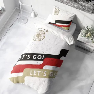 DFB Bettwäsche-Set Let's Go! – Offizieller Fanartikel der Deutschen Nationalmannschaft – Bettbezug (135x200 cm) mit 1 Kopfkissenbezug (80x80 cm) – Schwarz Rot Gold