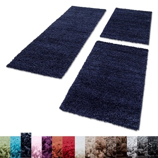 Unbekannt Shaggy Hochflor Teppich Carpet 3TLG Bettumrandung Läufer Set Schlafzimmer Flur, Farbe:Marineblau, Bettset:2x80x150+1x100x200