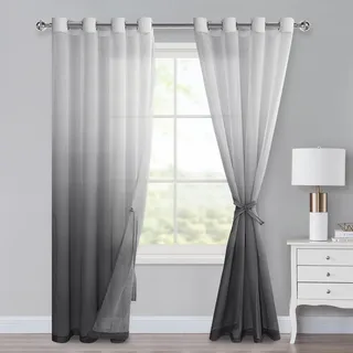 XWZO Voile Gardinen mit Ösen Vorhänge Farbverlauf Vorhang Sheer Ombre Gardinen 2 er Set für Schlafzimmer und Wohnzimmer Schlaufengardinen mit Raffhalter 245 x 140cm (H x B) Grau