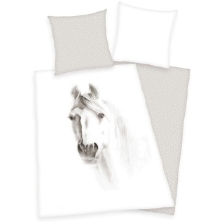 Bettwäsche Pferd 135x200cm Pferdekopf Weiß Grau, Herding, Renforcé, 2 teilig, verträumte Pferdewäsche, mit Reißverschluss weiß