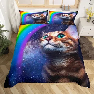 Bettwäsche 155 x 220 3D Print Katze Galaxie Regenbogen, Weiche Microfaser Haustiere Tiere Katzen Bettwäsche Set 3 teilig - Katzen Stern Motiv Bettbezug & 2 Kissenbezüge 80x80, mit Reißverschluss