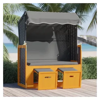 furnicato Strandkorb mit Dach Poly Rattan & Massivholz Schwarz Anthrazit, BxTxH: 55x55x156 cm, (1-tlg), Sonnenliege mit 3-fach verstellbarer Lehne und ausziehbaren Hockern schwarz