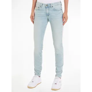 Slim-fit-Jeans TOMMY JEANS "Skinny Jeans Marken Low Waist Mittlere Leibhöhe" Gr. 33, Länge 32, blau (denim light) Damen Jeans Röhrenjeans mit Faded-Out Effekten