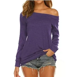 Rongseng Langarmshirt Damen Schulterfrei Oberteil Elegant Langarm Top Sexy Off Shoulder Pullover Casual Longshirt Bluse Tunika Trendy Tshirt Sweatshirt - XL