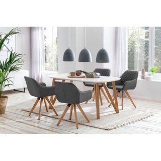 SalesFever Essgruppe 5-tlg. | 180 x 90 cm | Tischplatte weiß + Gestell Eiche | 4x Stuhl Textil grau + Beine Eiche