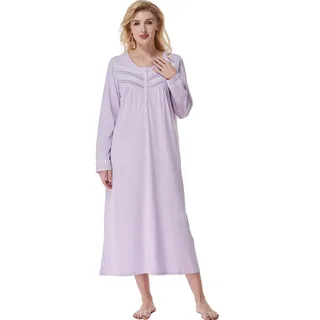 Keyocean Nachthemd Damen Baumwolle Schlafshirt Langarm Nachtwäsche Winter Lang Schlafkleid Weich Loungewear mit Knopfleiste, Hellviolett, XL - XL
