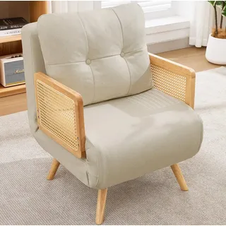 OKWISH Schlafsofa 3-in-1 Schlafsessel mit 5-fach verstellbarer Lehne, Beige, ausklappbar als Gästebett, 67,5x73x86,5cm 1 Teile, Leinenstoff, Rattan-Armlehnen & Massivholzbeine beige
