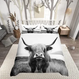 Homewish Highland Cow Bettdeckenbezug, Einzelgröße, Bauernhaus-Tiermilch-Bettwäsche-Set, lustig, niedlich, Kuh, Wildtier-Bettbezug, grau-weiß, Bettwäsche-Set, Raumdekoration