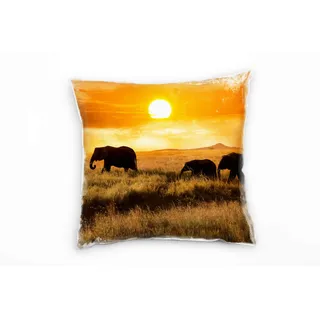 Paul Sinus Art Tiere, Elefanten, Familie, Sonnenuntergang, orange Deko Kissen 40x40cm für Couch Sofa Lounge Zierkissen - Dekoration zum Wohlfühlen
