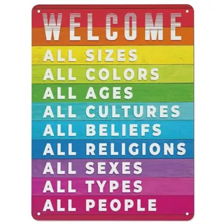Rustikales Metall-Blechschild "Everyone Is Welcome Here", Regenbogen-Wandkunst, Vielfalt, Gleichheit, Wandkunst für Zuhause, Büro, Bar, Klassenzimmer, Schule, Restaurant, Wanddekoration, 30,5 x 40,6