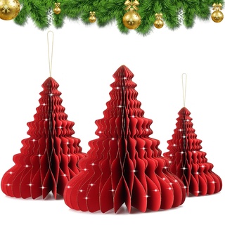 EKKONG Papier Weihnachtsbaum Deko 3er Set Deko Tannenbaum Wiederverwendbare Weihnachtsbäume Wabenbälle aus Pappe Deko Weihnachten Weihnachtsbaum grün zum Hängen oder Stellen 15-24-32cm (Rot)
