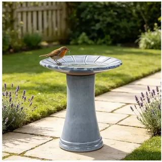Blossom Vogeltränke handgefertigte Vogelbad Keramik Ø43×45 cm, frostsicher wetterfestes, Vogelbad mit Standfuß, Hellblaugrau, für Garten Terrasse Balkon blau|grau