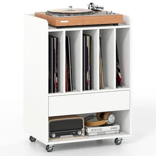 COSTWAY Plattenspieler Tisch, Schallplatten Regal, Schublade & Ablage, Plattenständer Vinylaufbewahrung mit Rollen, Schallplattenschrank, Weiß - Weiß