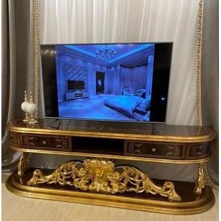 Casa Padrino Luxus Barock TV Schrank Braun / Antik Gold 220 x 50 x H. 70 cm - Prunkvoller Massivholz Fernsehschrank - Barock Wohnzimmer Möbel