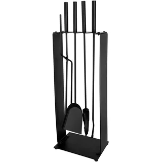 ADGO Kaminwerkzeug Modern 5-teiliges Kaminzubehör set 23,5 x 17 x 57 cm Ofenbesteck kaminbesteck: Schürhaken, Bürste, Kehrblech, Zange, Ständer, Edelstahl, schwarz lackiert