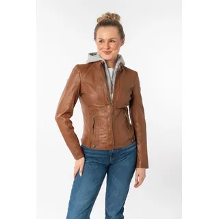 Lederjacke MAURITIUS "Junja", Damen, Gr. XXL/44, braun (cognac), Obermaterial: 100% Schafsleder. Futter: 100% Baumwolle. Kapuze: 55% Baumwolle, 45% Polyester. Ärmelfutter: 100% Polyester, sehr figurbetont kurz, mit Reißverschluss, Jacken, mit abnehmbarem Kapuzen-Einsatz und aufwendigen Biker-Details