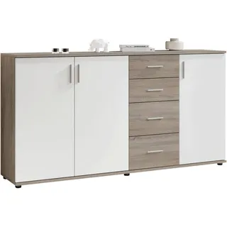 Sideboard Bobby, Weiß, Eiche dunkel, Kunststoff, 2 Fächer, 4 Schublade(n) Schubladen, 160x84x35 cm, Made in EU, Typenauswahl, stehend, Wohnzimmer, Kommoden & Sideboards, Sideboards