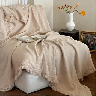 VEAI Baumwoll-Musselin Decke - 150x200/50x150 mit Handgefertigten Fransen, Weicher Wärmender Allrounder für Sofa/Couch/Bett/Reisen (Einzel-/King-Size), Einfache Pflege(Khaki,50 * 150cm)