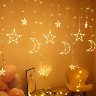 Stern Mond Lichterkette Vorhang 124 LEDs, 3m Lichtervorhang Innen Außen 8 Modi, Warmweiß Weihnachtsbeleuchtung,Weihnachtsdeko Fenster Kinderzimmer