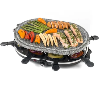 Giles & Posner Tisch-Raclette-Grill 1200 W mit Steinplatte | 8 antihaftbeschichtete Pfännchen, 8 Holzspatel, abnehmbare Platte 43 x 30 cm, Temperaturregler, Kontrollleuchte