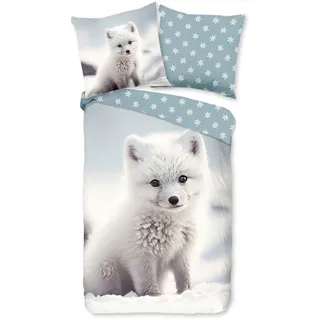 Kinderbettwäsche GOOD MORNING "Toss", blau, B/L: 135cm x 200cm, 1 Stk., 1 Stk., Flanell, B/L: 80cm x 80cm, 2 Stk., Flanell, Obermaterial: 100% Baumwolle, Bettwäsche, Flanell, Biber, 135x200, Winter, Warm, Wende, Kind, Schnee, Weißfuchs