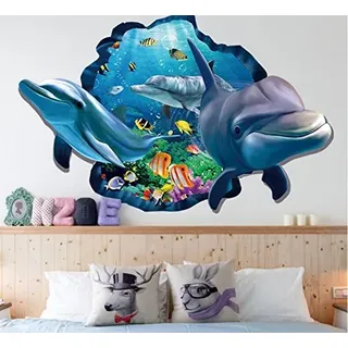 HALLOBO® XXL Wandtattoo Wandaufkleber 3D Fenster Delphin Unterwasserwelt Delfine Marine Meer Wandbild Wohnzimmer Schlafzimmer Kinderzimmer Deko Badzimmer