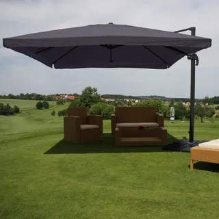 MCW Gastronomie-Ampelschirm MCW-A96, 3,5x3,5m (Ø4,95m) Polyester/Alu 25kg ~ Flap, anthrazit mit Ständer, drehbar