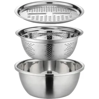 HUNYA Multifunktionale Edelstahl-Reibe, Multifunktionaler Abtropfkorb, 3-in-1-Siebbecken, Salatschleuder, Gemüse Reis Waschsieb Korbschüssel