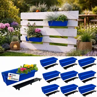 BURI 10 Euro-Paletten Blumenkästen-Einsätze inkl. Bewässerungsmatte | mit Hängesystem zum Einhängen | 37,3cm Blau | Pflanzkasten für Europalette Palette | Balkonkasten | Blumentopf | extrem stabil