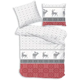 Träumschön Bettwäsche Biber 135x200 Winter, Rentier Weihnachts-Bettwäsche bordeaux, Biber, 2 teilig rot